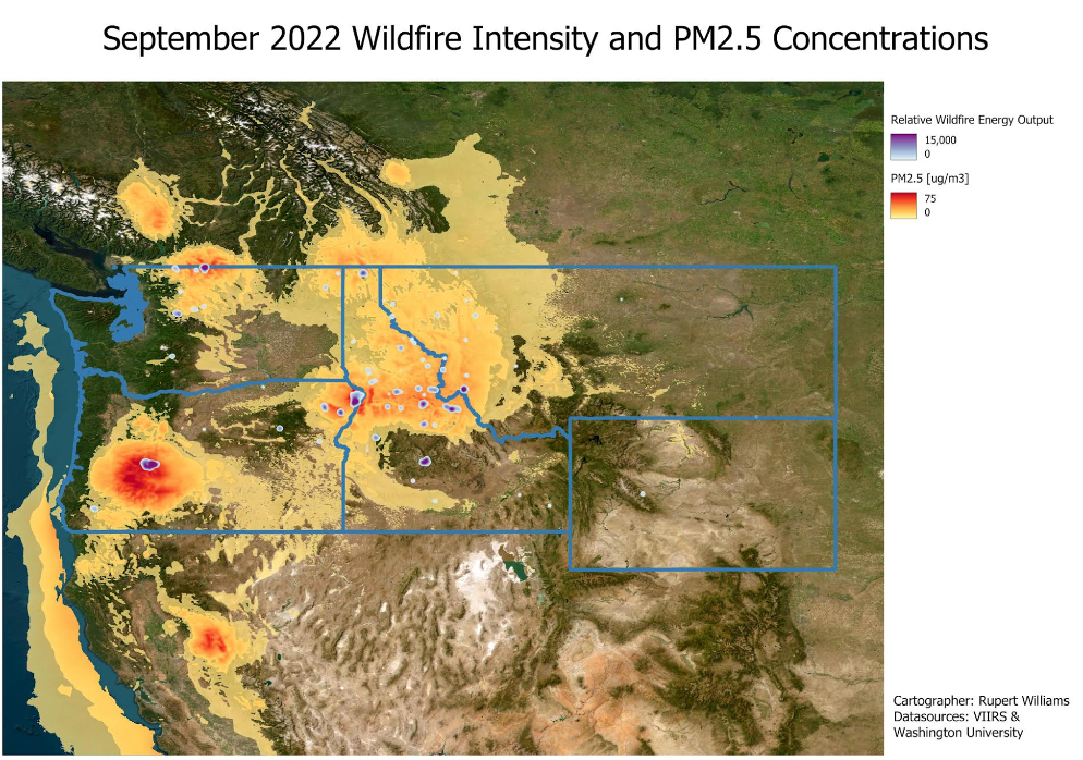 map of northwestern states showing 2022 wildfire intensity and PM2.5 concentrations