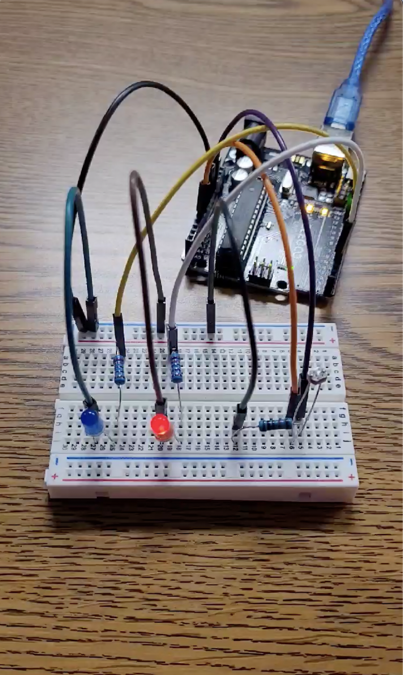 The Arduino microcontroller that educators used to create their electrical device. This specific device was coded to change whether the red light or blue light is lit up. Photo credit: Kayce Williams. 
