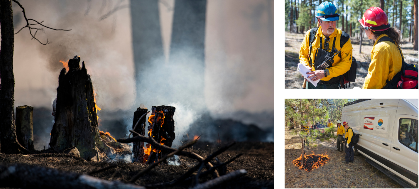 Three photos showing a prescribed burn underway, two people with hardhats and yellow shirts talking to one another, and two people standing by the SuperVan watching a prescribed fire