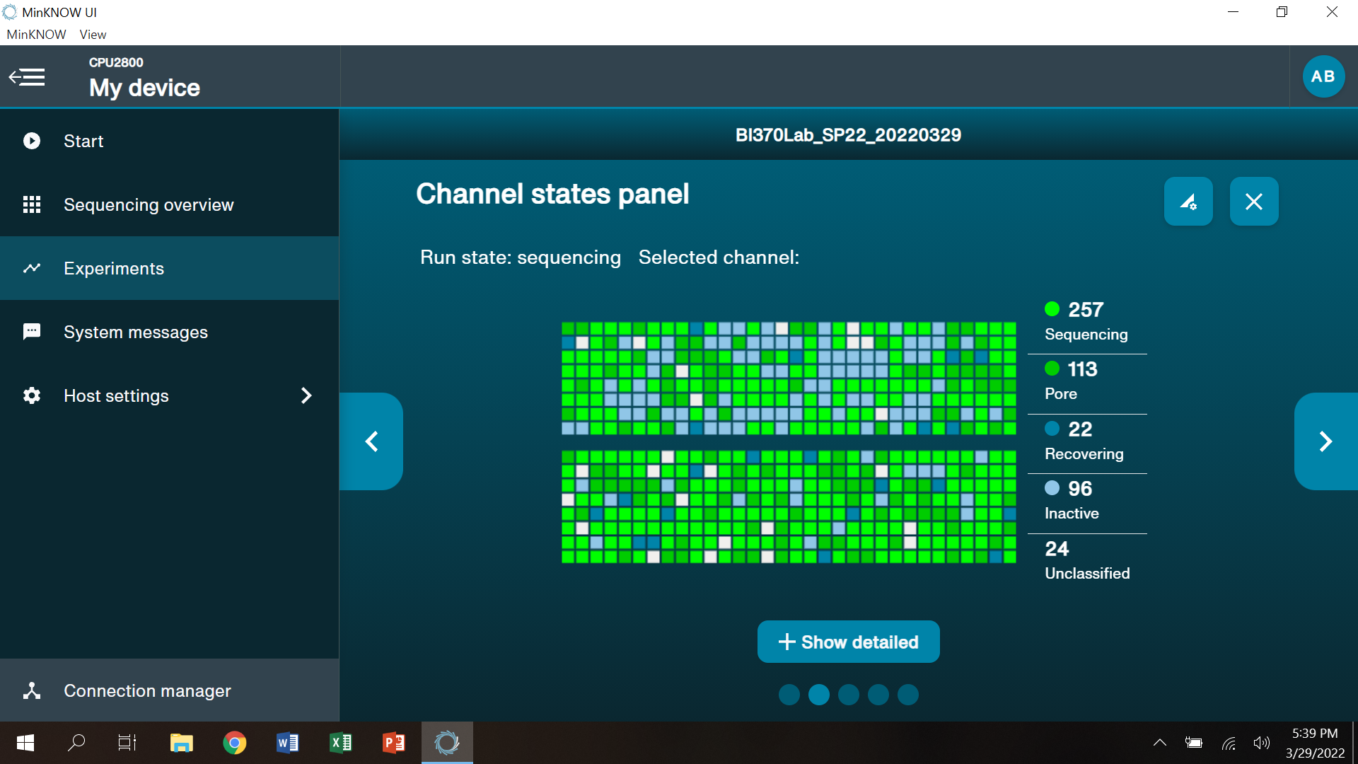 Nanopore MinION software interface showing channel states of the nanopores actively sequencing DNA.