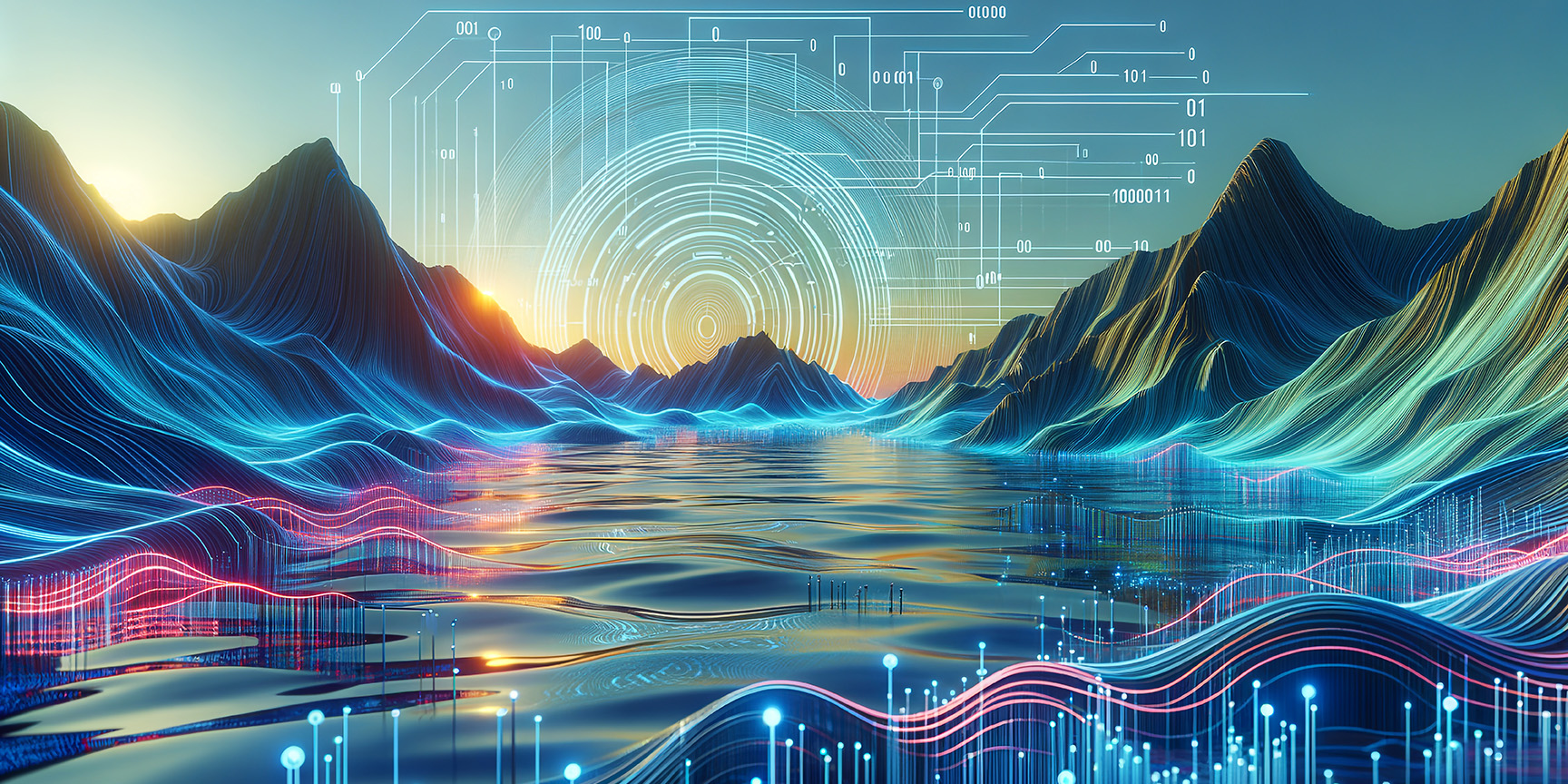 image of mountains and a lake, overlaid with data