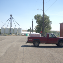 Private water fill truck in Ryegate, MT. Many Central Montanans who reside outside city limits haul water from communal fill stations. Credit: Grete Gansauer
