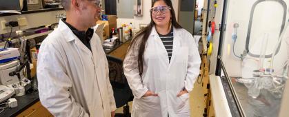 Aaron Thomas, director of UM Indigenous Research and STEM Education, speaks with Ph.D. student Sierra Paske in the UM Chemistry Building. (Photos by Tommy Martino)