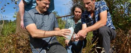 Montana State University researchers, from left, Rob Payn, Tony Bertagnolli, Stephanie Ewing and Frank Stewart. The group has received funding from the Department of Energy to study organisms that process nitrogen and produce oxygen along waterways. MSU photo by Colter Peterson.