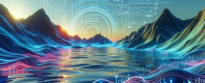 image of mountains and a lake, overlaid with data